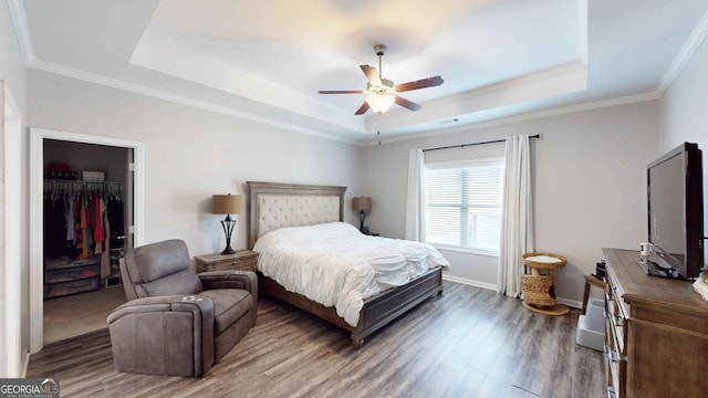 bedroom featuring a closet, dark wood-type flooring, a walk in closet, a tray ceiling, and ceiling fan