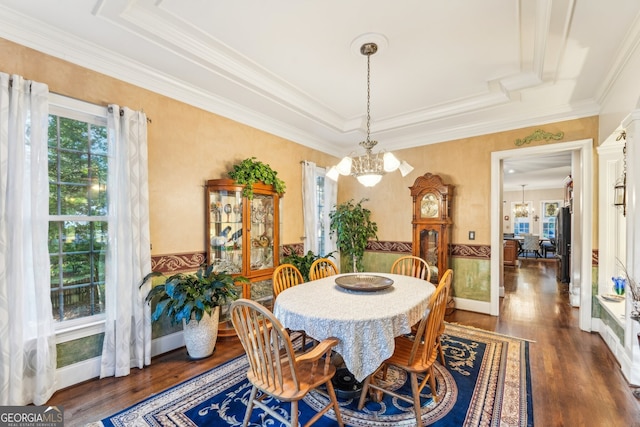 dining space with a chandelier, crown molding, and dark hardwood / wood-style floors