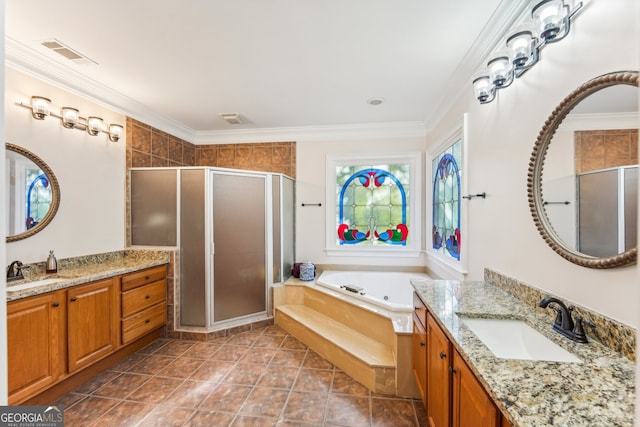 bathroom with vanity, separate shower and tub, ornamental molding, and tile patterned flooring