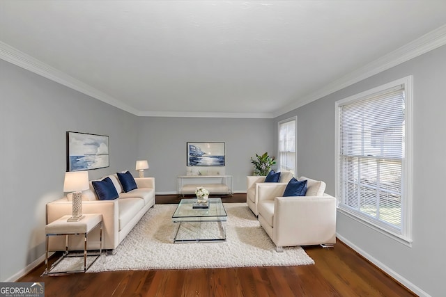 living room featuring crown molding and wood-type flooring