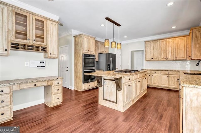 kitchen with a kitchen island, ornamental molding, dark hardwood / wood-style floors, sink, and stainless steel appliances