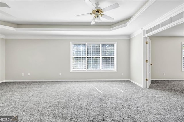 unfurnished room featuring crown molding, carpet flooring, a raised ceiling, and ceiling fan