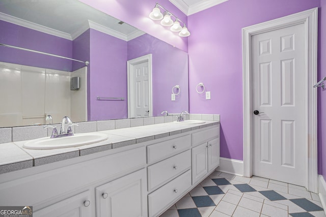 bathroom with vanity, crown molding, a shower, and tile patterned floors