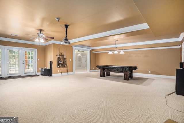 game room with french doors, pool table, ornamental molding, carpet floors, and ceiling fan