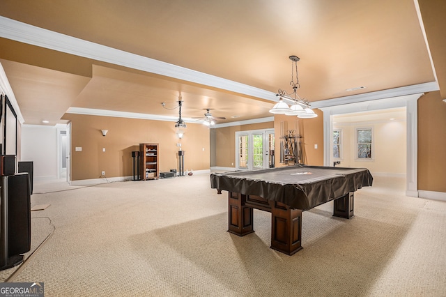 game room featuring ceiling fan, ornamental molding, pool table, and light colored carpet