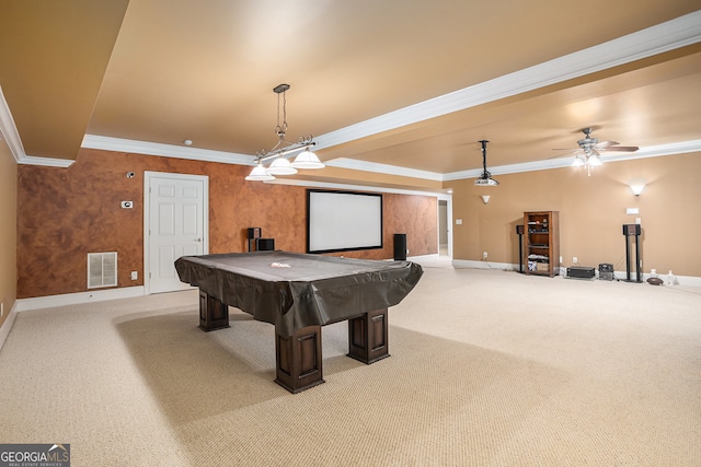 playroom featuring ornamental molding, pool table, light colored carpet, and ceiling fan