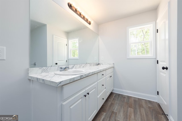 bathroom with vanity, hardwood / wood-style floors, and a healthy amount of sunlight