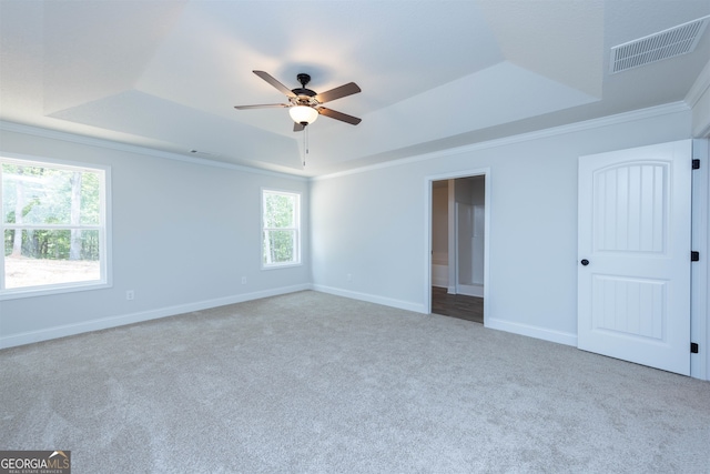 spare room featuring light carpet, ornamental molding, ceiling fan, and a raised ceiling