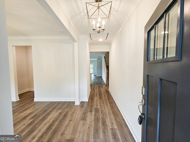 hallway featuring a chandelier, dark hardwood / wood-style floors, and ornamental molding