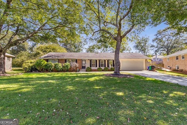 ranch-style house with a front yard and a garage