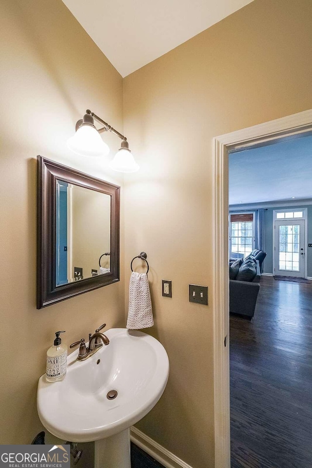 bathroom with wood-type flooring and sink