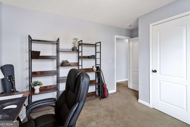 office space featuring a textured ceiling and light colored carpet