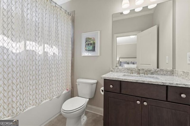 full bathroom featuring toilet, tile patterned flooring, shower / tub combo, crown molding, and vanity