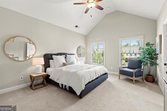 bedroom featuring carpet flooring, high vaulted ceiling, and ceiling fan