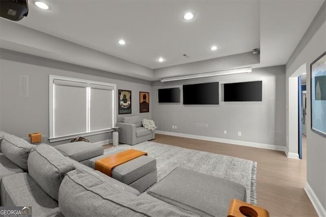 home theater with light wood-type flooring