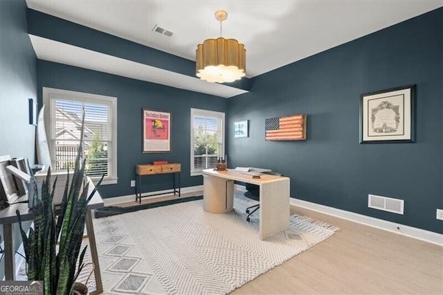 office space with wood-type flooring and a wealth of natural light