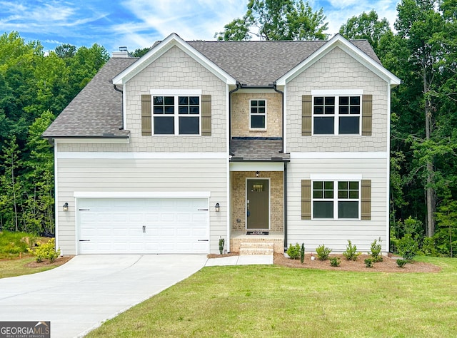 view of front facade with a garage and a front lawn