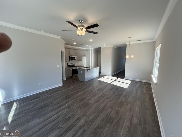 unfurnished living room with dark hardwood / wood-style floors, sink, ceiling fan with notable chandelier, and ornamental molding