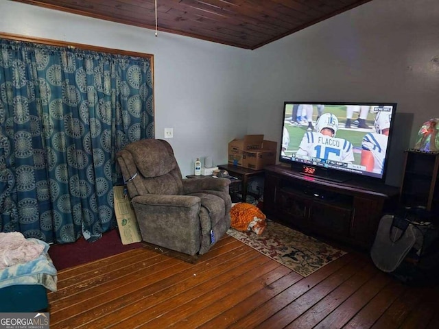 living room featuring wood ceiling and wood-type flooring