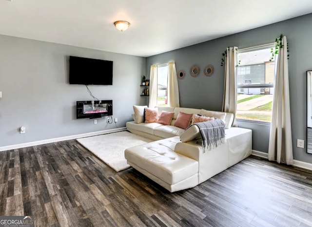 living room featuring dark wood-type flooring