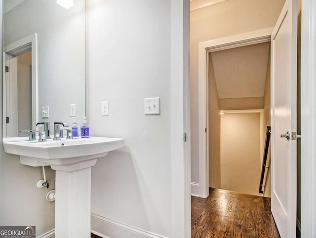 bathroom with hardwood / wood-style floors