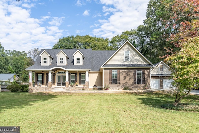 view of front of home featuring covered porch and a front lawn