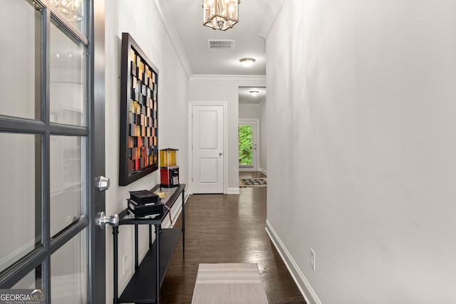 corridor with crown molding, a chandelier, and dark hardwood / wood-style flooring