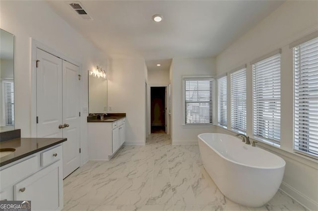 bathroom with a bathing tub and vanity