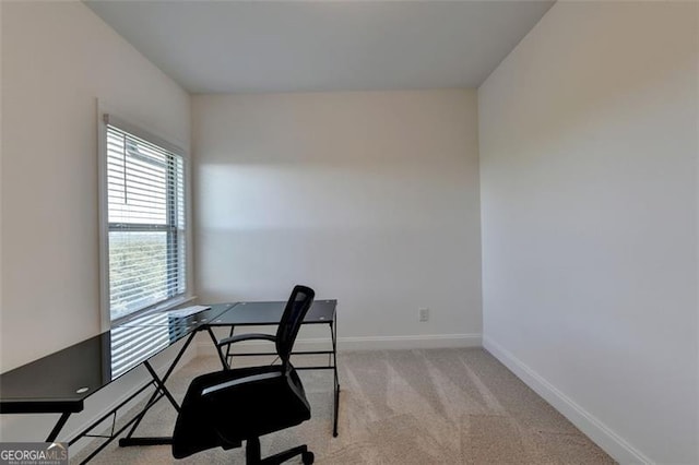 office area featuring light colored carpet