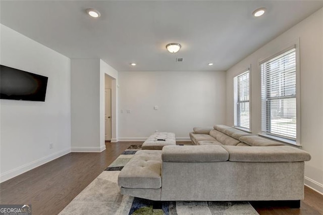 living room with dark hardwood / wood-style floors