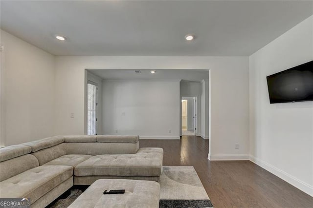 living room with dark hardwood / wood-style flooring