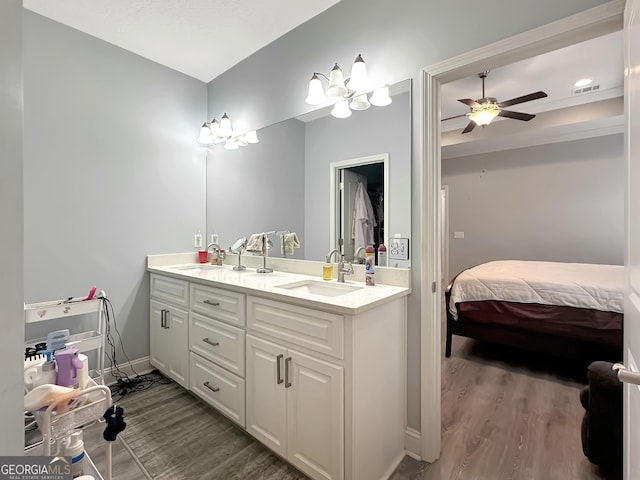 bathroom with ceiling fan, vanity, and hardwood / wood-style floors