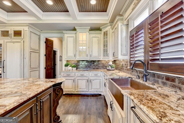 kitchen with backsplash, dark wood-type flooring, light stone countertops, and a healthy amount of sunlight