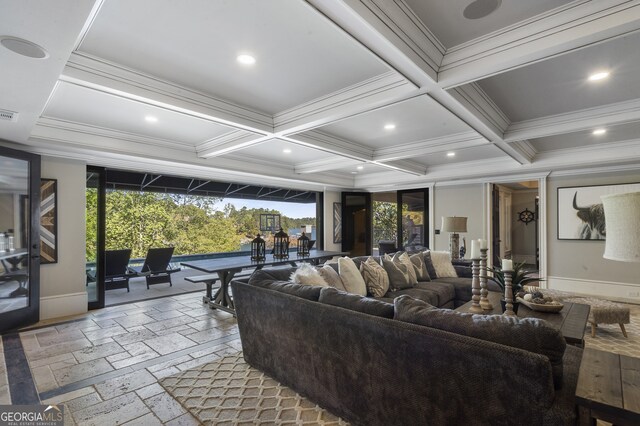 living room with ornamental molding, beamed ceiling, and coffered ceiling