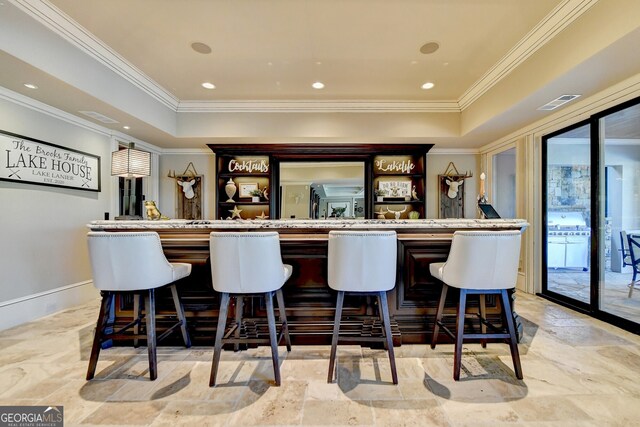 bar with ornamental molding and a raised ceiling