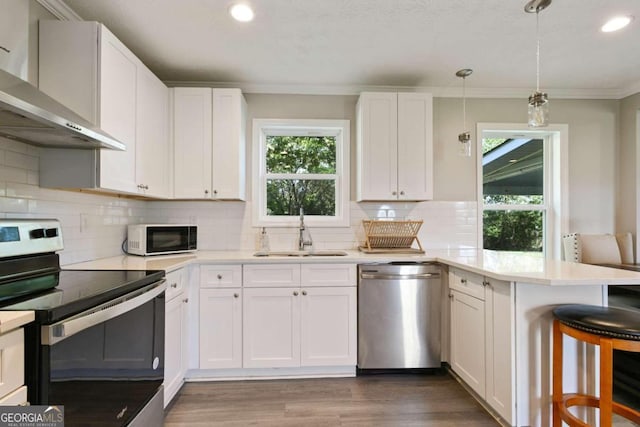 kitchen featuring white cabinetry, a healthy amount of sunlight, appliances with stainless steel finishes, and hanging light fixtures