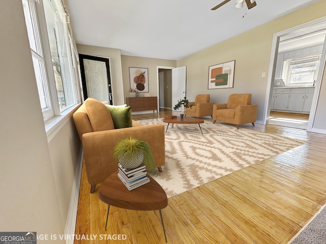 living room with ceiling fan and hardwood / wood-style flooring