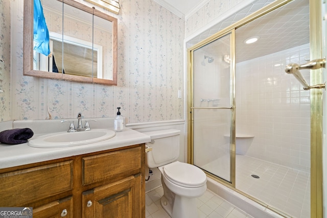 bathroom featuring an enclosed shower, toilet, tile patterned floors, vanity, and ornamental molding