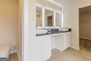 bathroom featuring vanity, toilet, and hardwood / wood-style floors