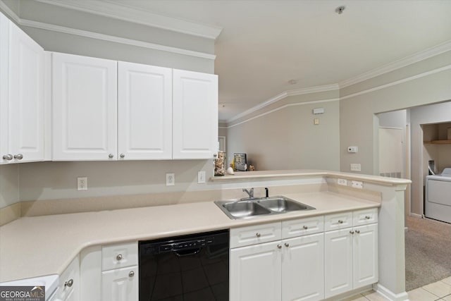1517 Whitemarsh Way, Savannah, GA 31410 - kitchen with black dishwasher, washer / clothes dryer, a sink, ornamental molding, and a peninsula