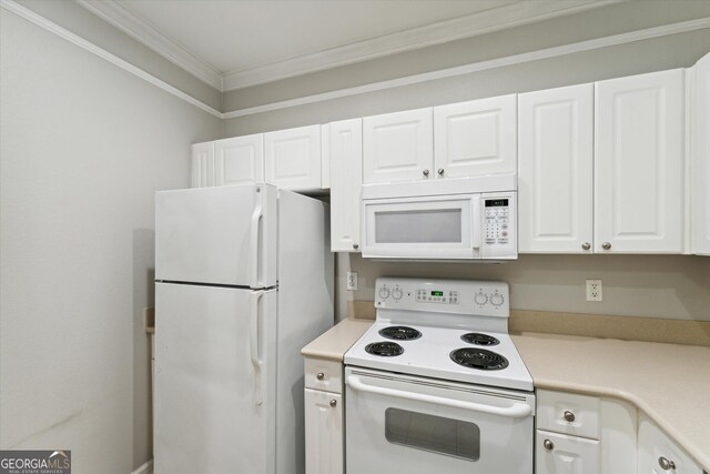 1517 Whitemarsh Way, Savannah, GA 31410 - kitchen with white appliances, white cabinetry, crown molding, and light countertops