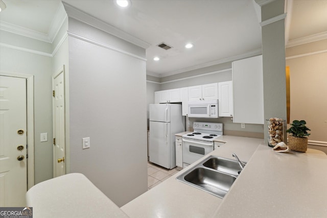 1517 Whitemarsh Way, Savannah, GA 31410 - kitchen featuring white appliances, a sink, ornamental molding, recessed lighting, and white cabinetry