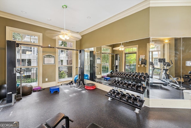 1517 Whitemarsh Way, Savannah, GA 31410 - gym with ceiling fan, healthy amount of natural light, crown molding, and baseboards