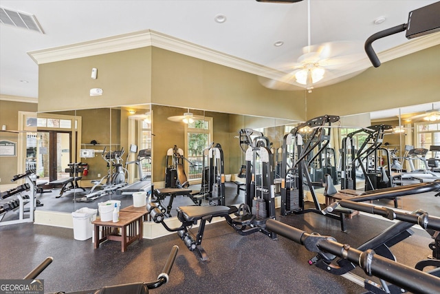 1517 Whitemarsh Way, Savannah, GA 31410 - gym featuring ornamental molding and a ceiling fan