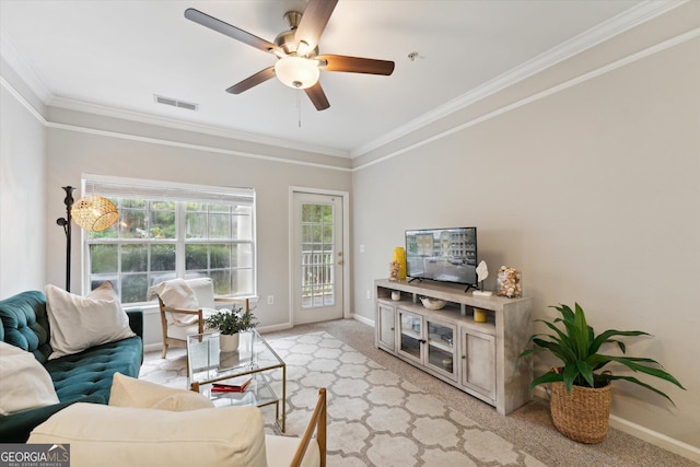 1517 Whitemarsh Way, Savannah, GA 31410 - living area featuring light carpet, crown molding, baseboards, and ceiling fan