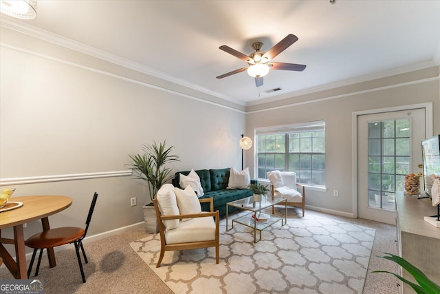1517 Whitemarsh Way, Savannah, GA 31410 - living room with baseboards, a ceiling fan, crown molding, and carpet