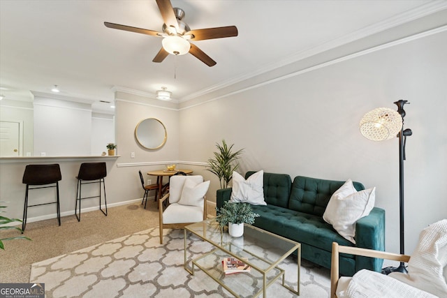1517 Whitemarsh Way, Savannah, GA 31410 - carpeted living area with a ceiling fan, crown molding, and baseboards