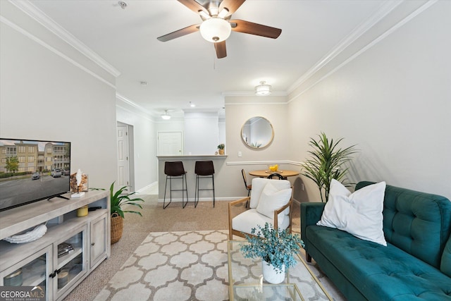 1517 Whitemarsh Way, Savannah, GA 31410 - carpeted living area featuring crown molding, ceiling fan, and baseboards
