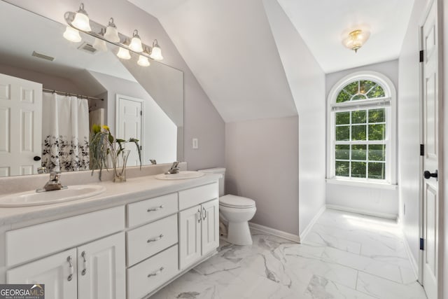 bathroom with vanity, toilet, and vaulted ceiling