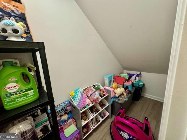 playroom featuring lofted ceiling and wood-type flooring